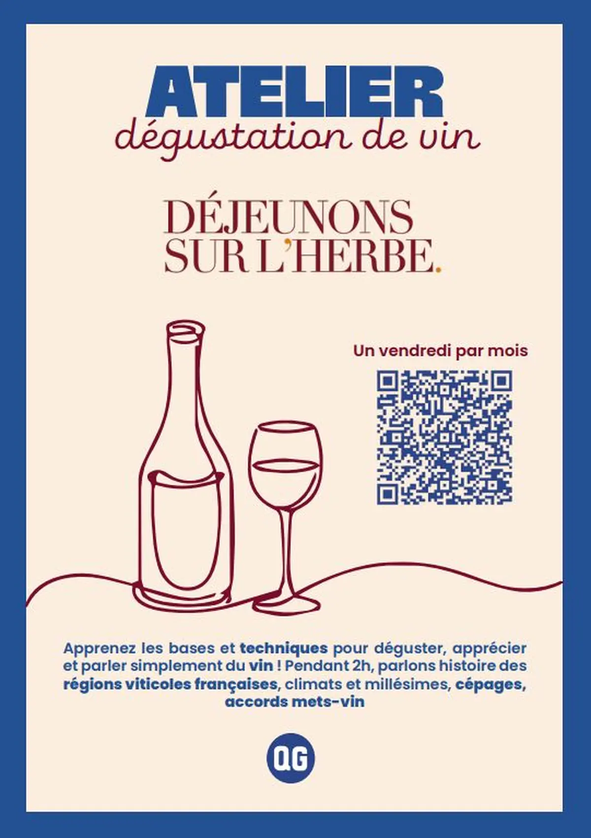 Atelier dégustation de vin par déjeunons sur l'herbe au QG