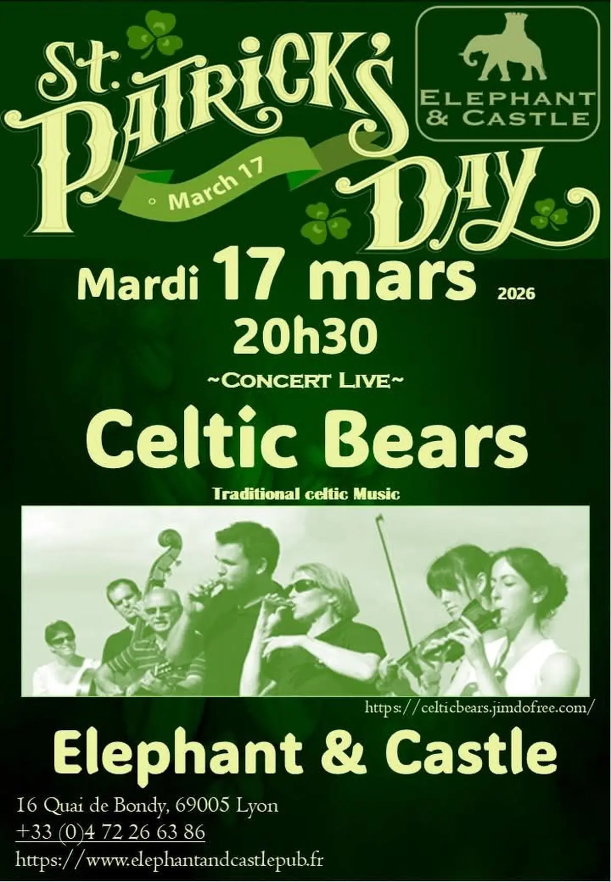 Saint Patrick au Pub Elephant ans Castle Lyon 05 avec le groupe Celtic Bears 