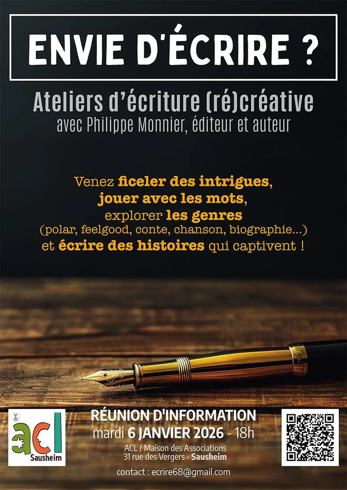 Ateliers d'écriture (ré)créative à Sausheim, avec Philippe Monnier - 2026