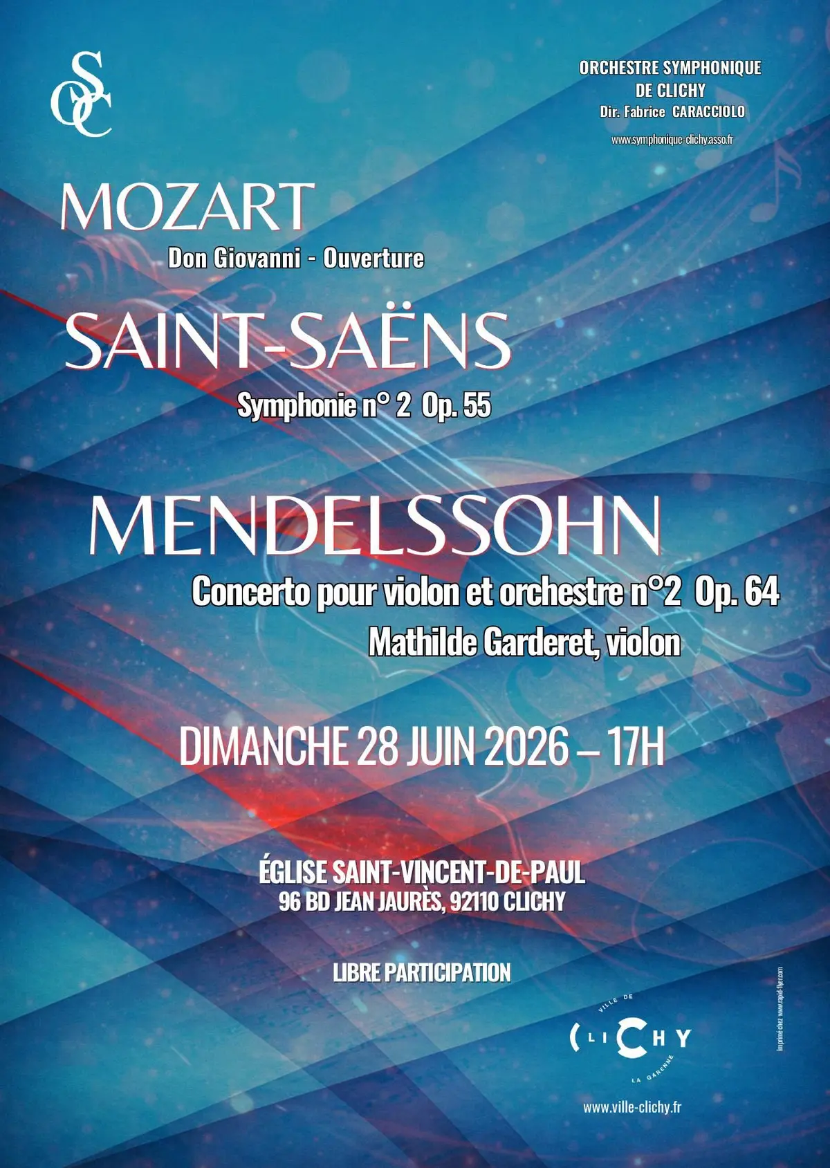 Concert Mozart Saint-Saëns Mendelssohn dimanche 28 juin 2026  à Clichy (92110)