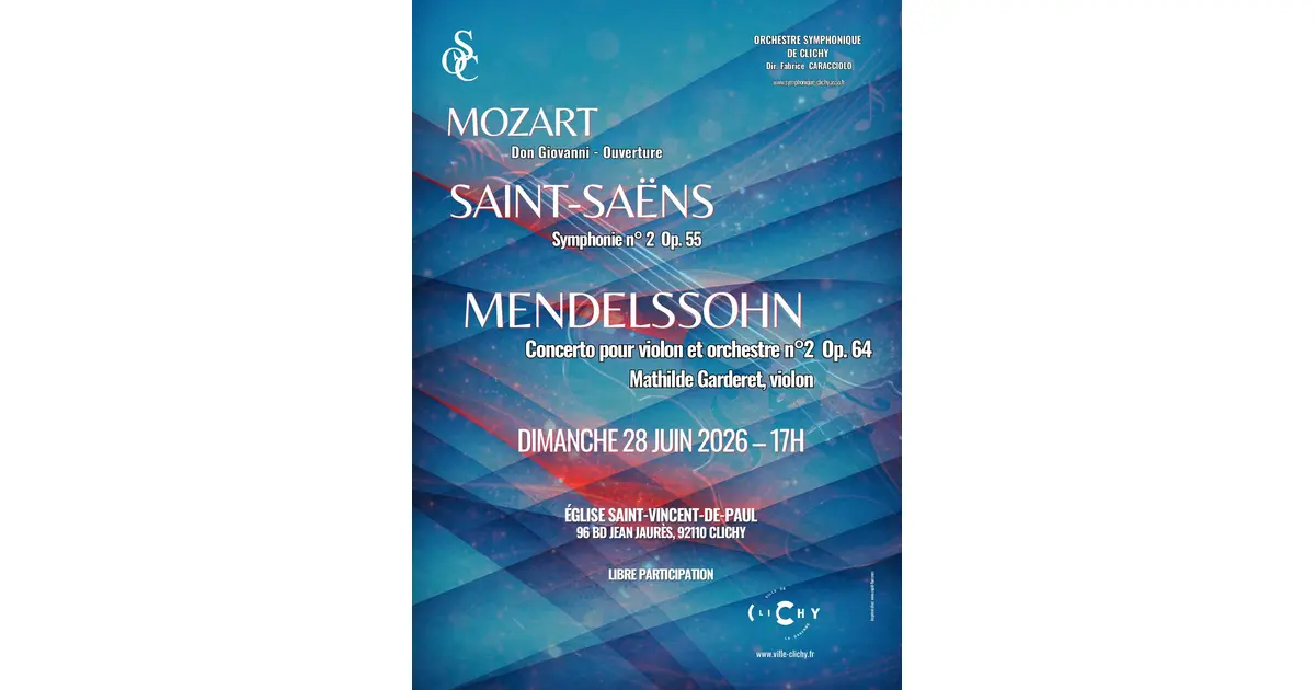 Concert Mozart Saint-Saëns Mendelssohn dimanche 28 juin 2026 à Clichy (92110)