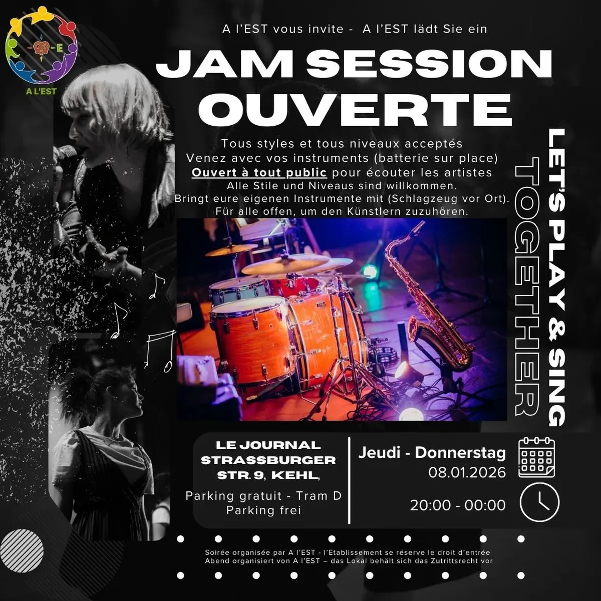 Jam Session Ouverte Jeudi 8 Janvier avec A l'EST ouvert tout public