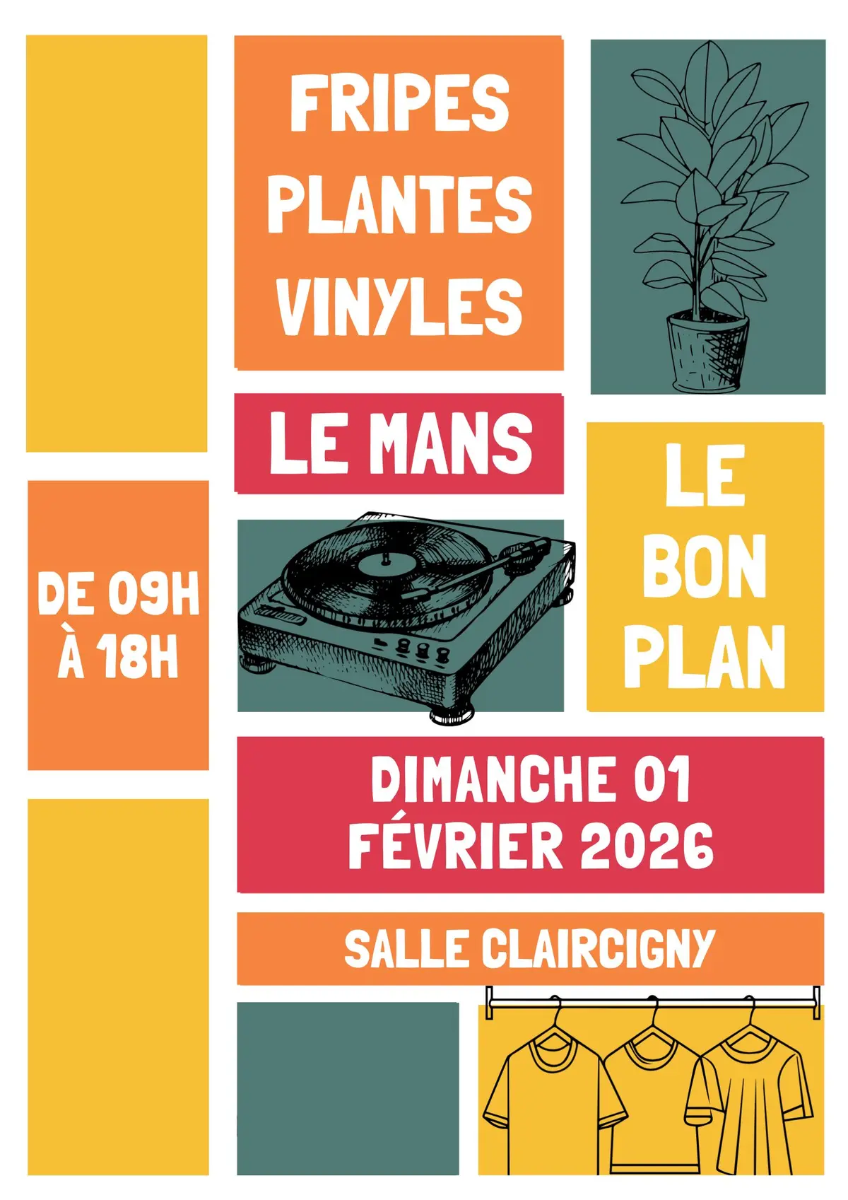Grande vente de fripes, plants et vinyles. Le Mans. Salle Claircigny