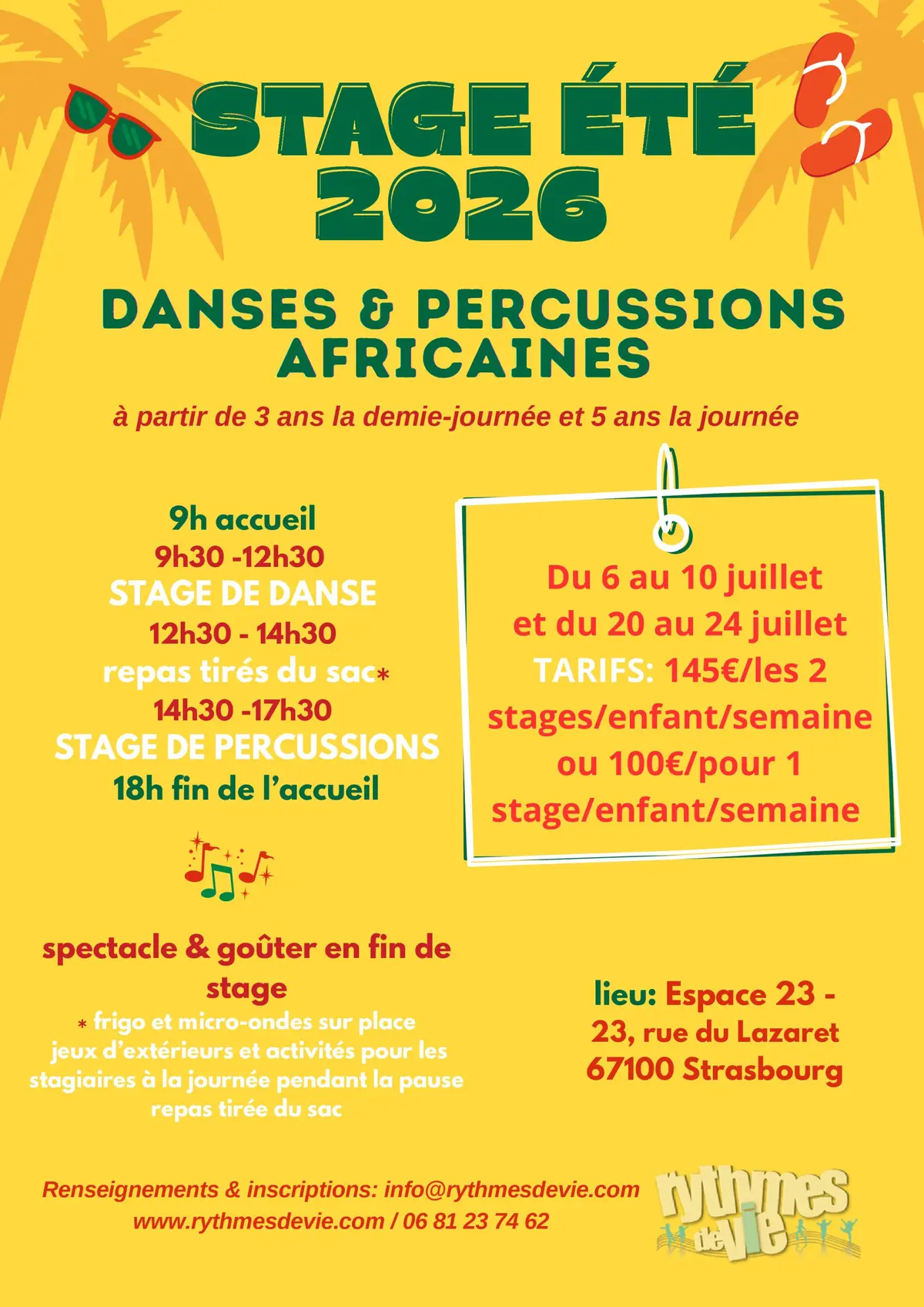 Stage d'été 2026 danse et percussions  pour enfants à Strasbourg 