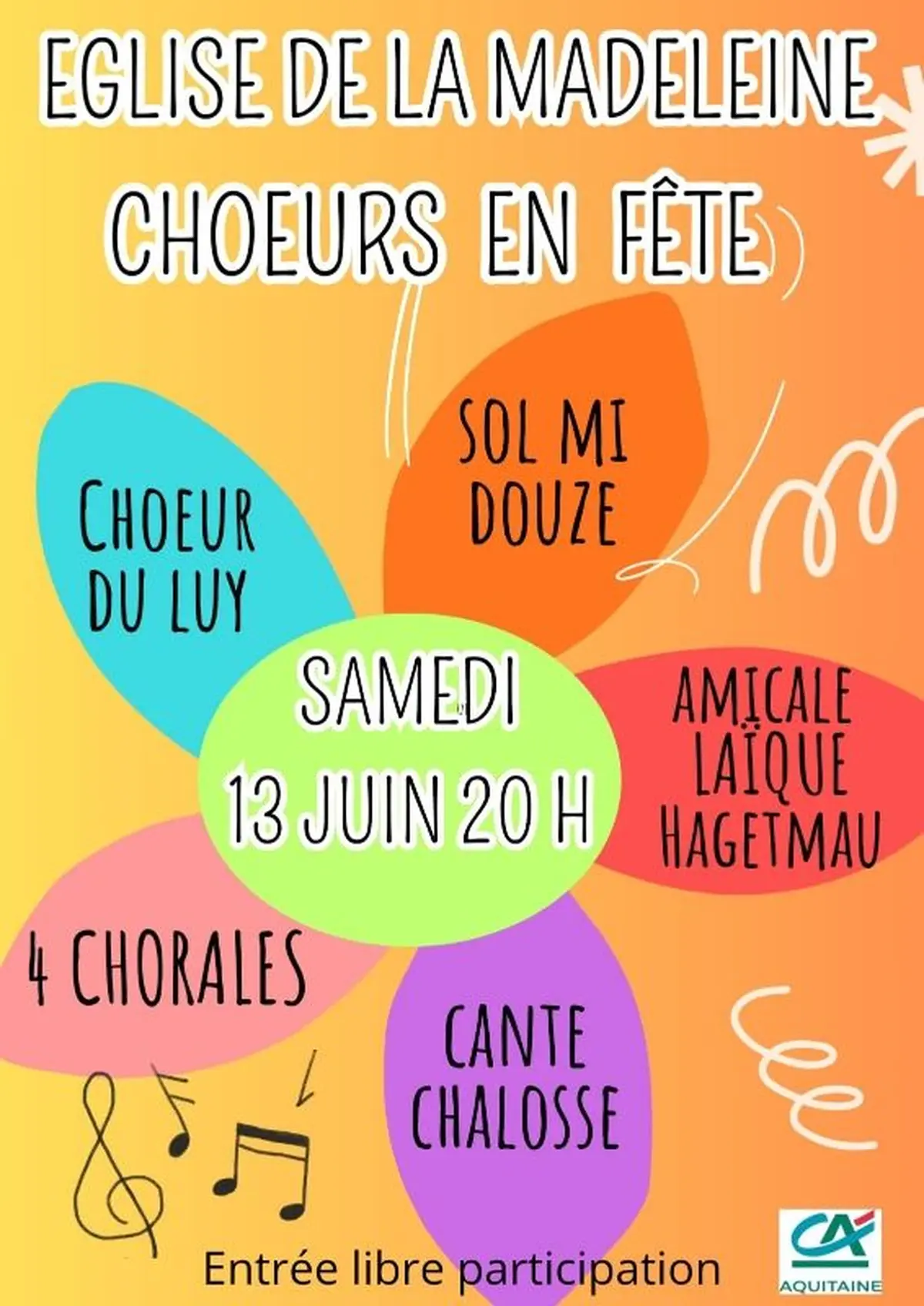 Concert choeurs en fête samedi 13 juin 20h église de la Madeleine 