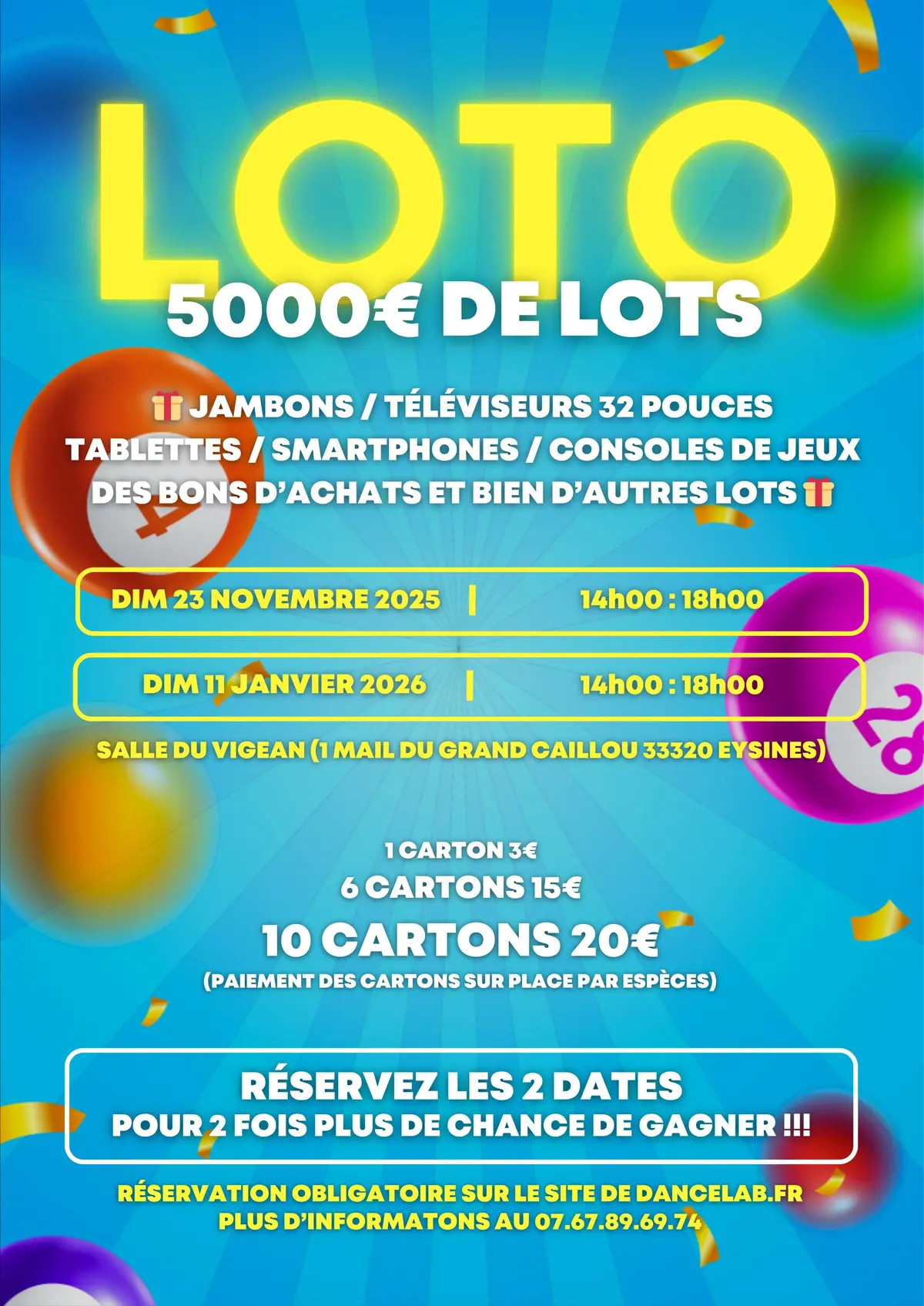 Loto Eysines–5000euros de lots à gagner le 23/11/25 et 11/01/26 avec speaker pro