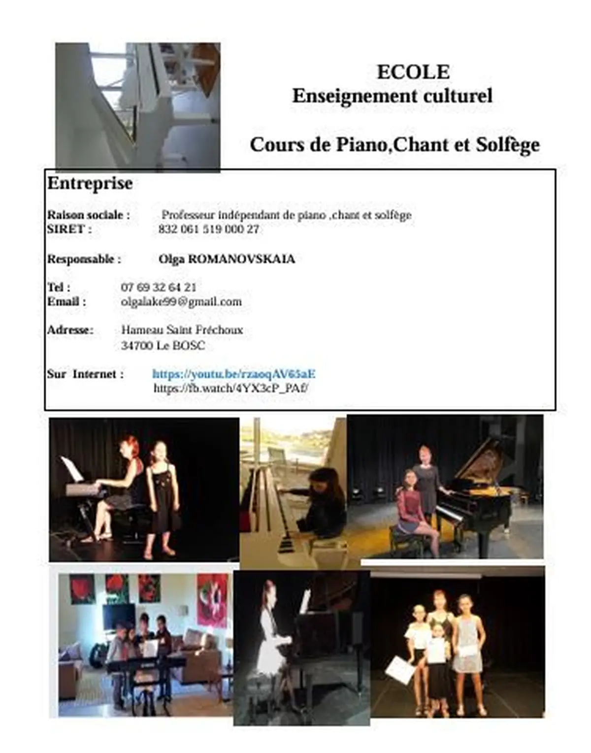 Ecole Enseignement culturel  cours de piano et chant