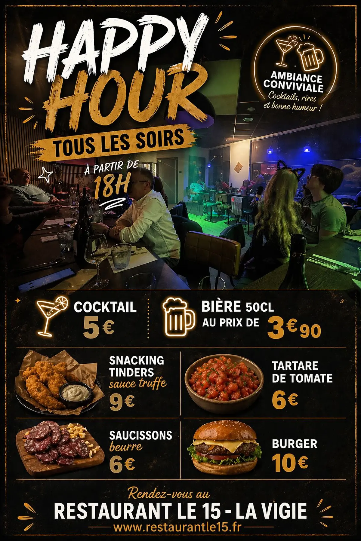 Happy hour bar restaurant le 15 