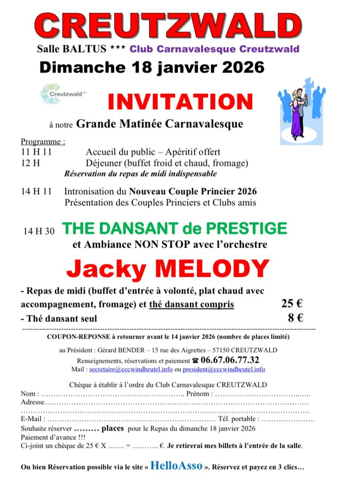 Matinée Carnavalesque à Creutzwald - Repas, thé dansant avec Jacky Melody 