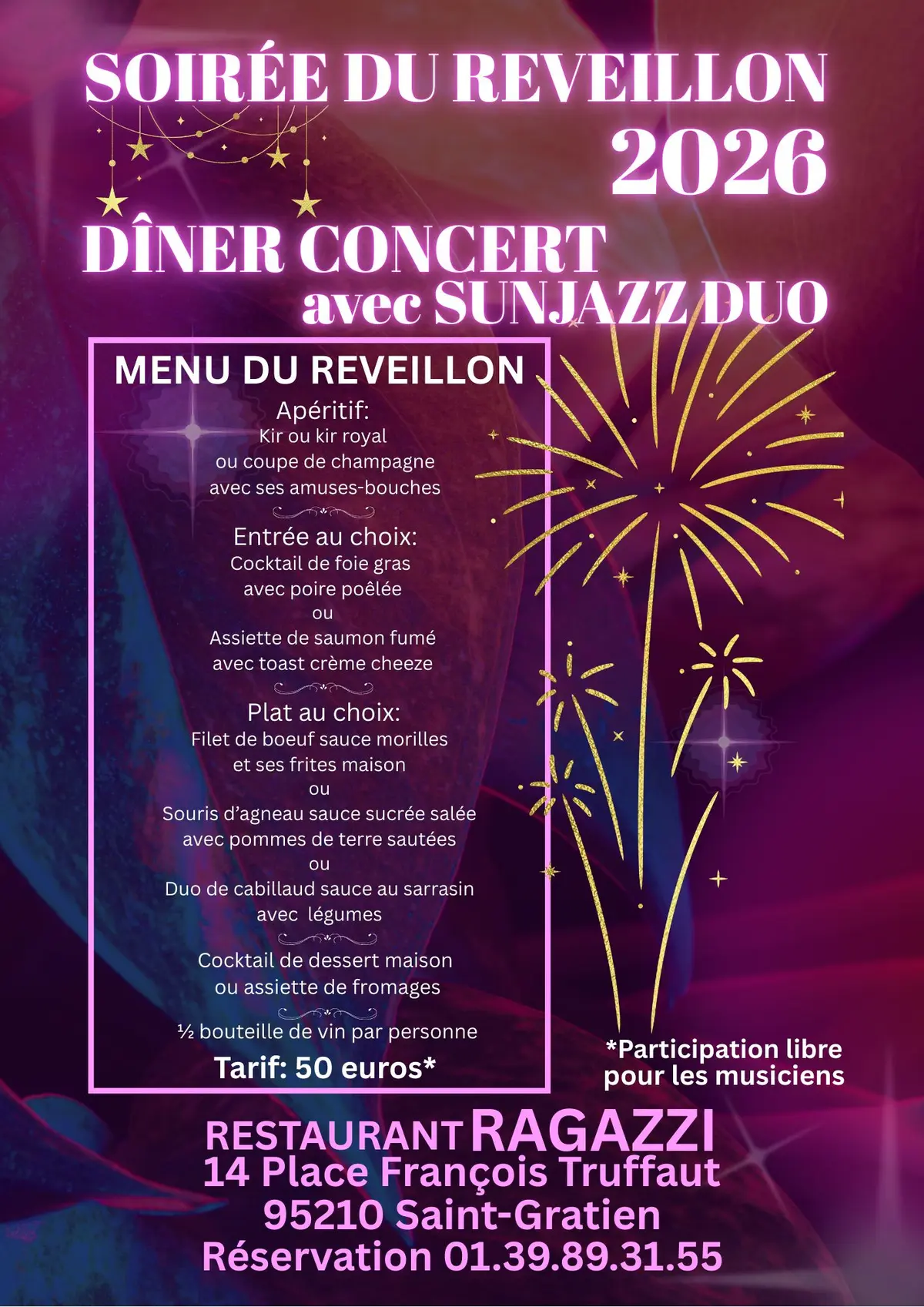Soirée du réveillon 2026 - dîner concert avec SUNJAZZ DUO