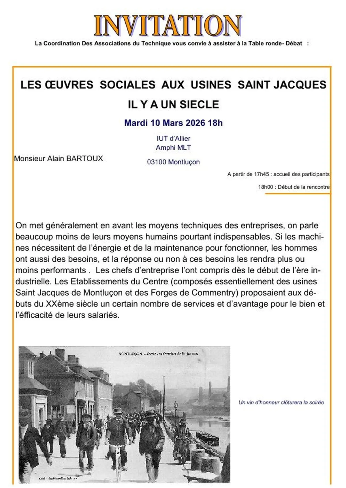 Conférence Oeuvres sociales il y a un siècle aux usines St Jacques (IUT)