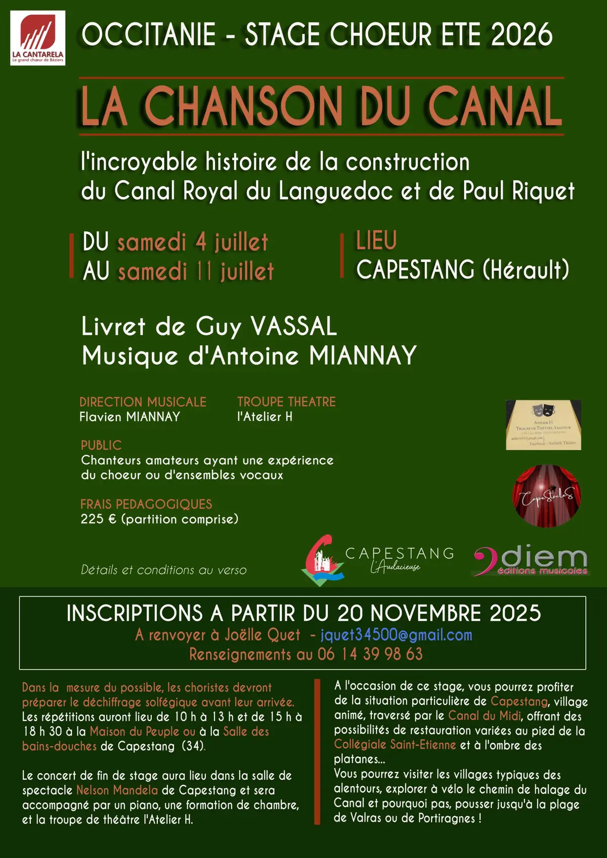 LA CHANSON DU CANAL - Stage choral du 4 au 11 juillet 2026 - CAPESTANG