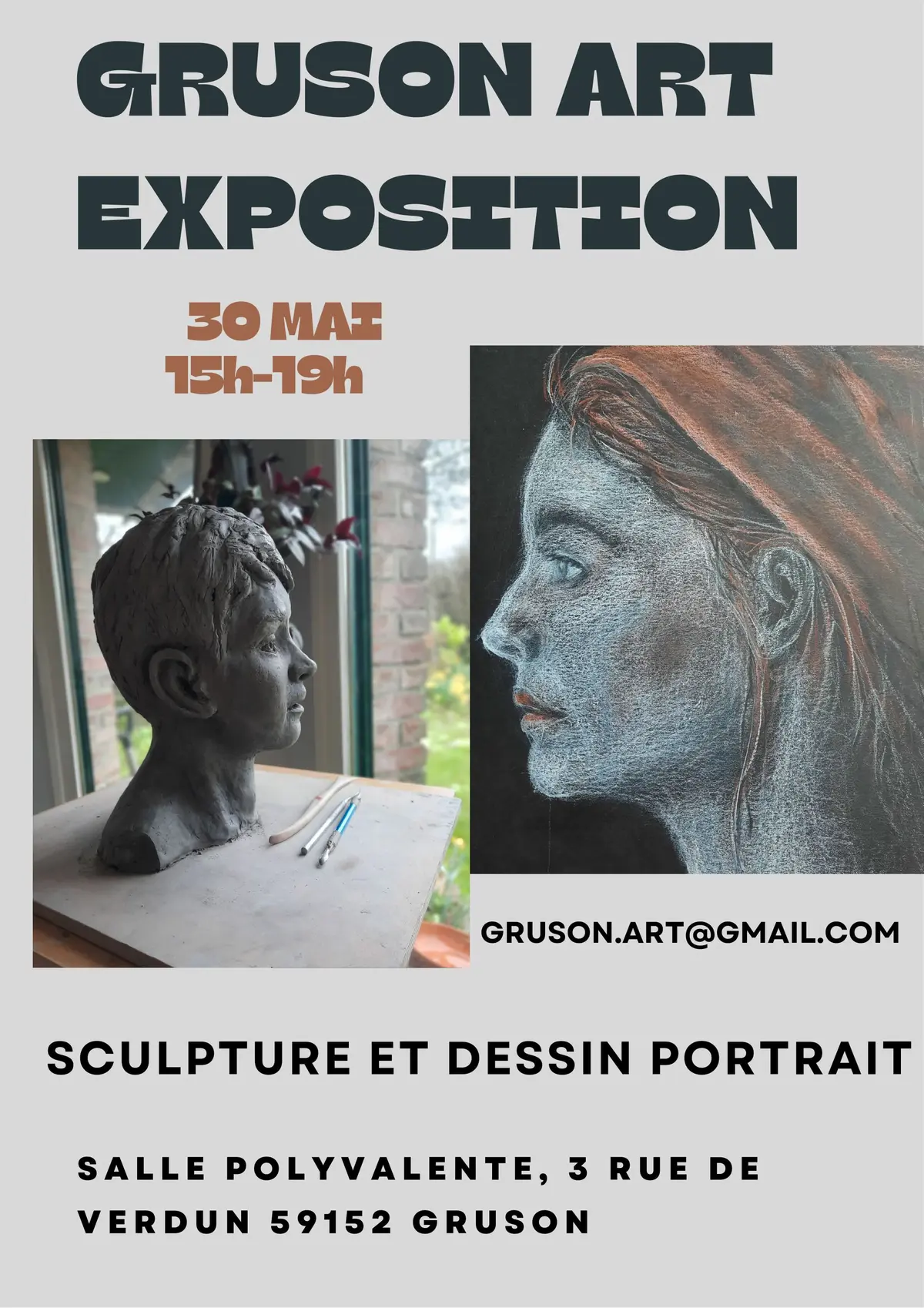 exposition sculpture sur argile  et dessin portrait à Gruson