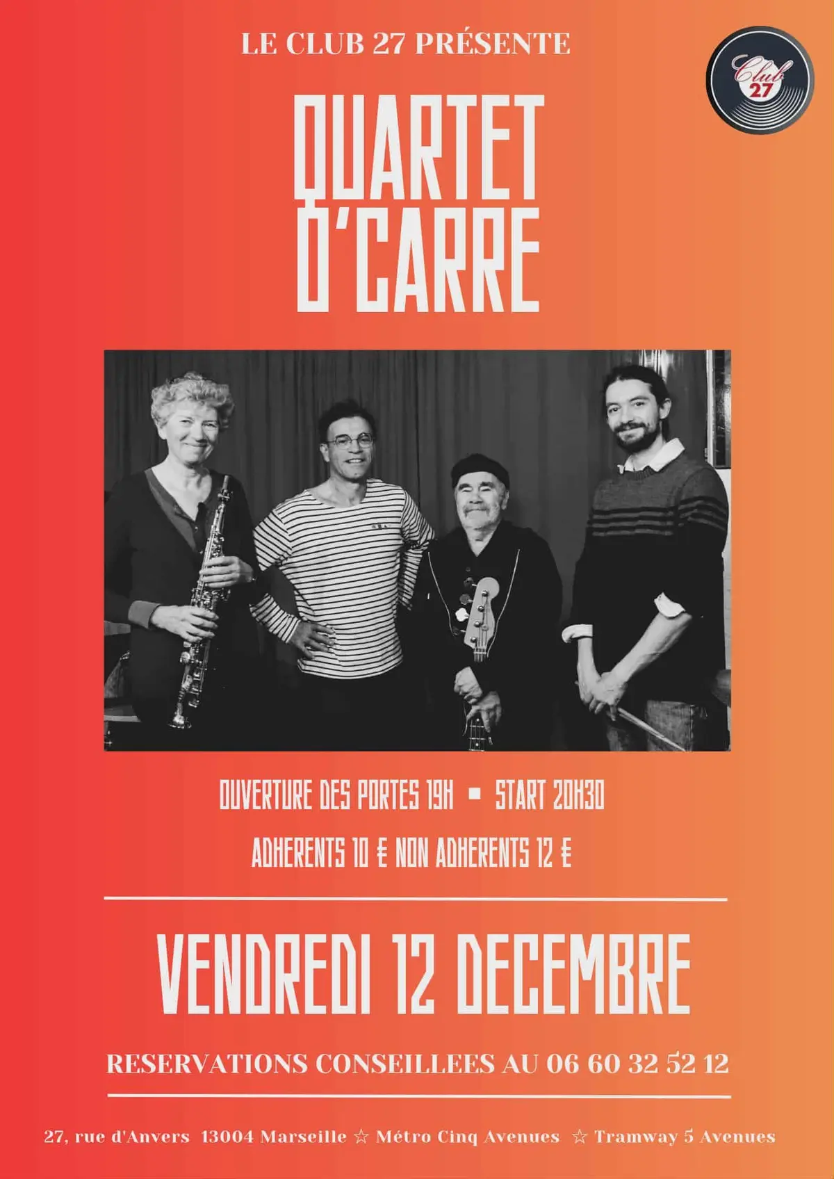 Concert Quartet'O carré au club 27 à Marseille 2025 : places