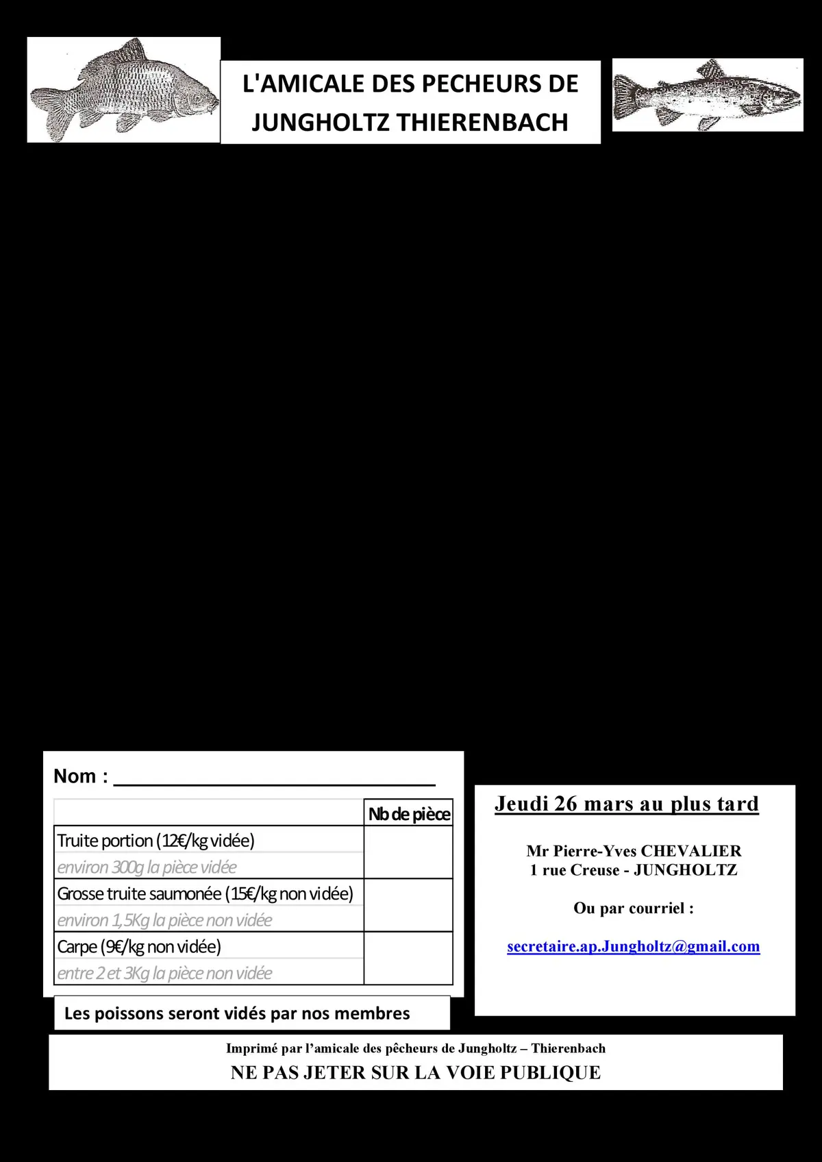 Vente de truites blanches, saumonées ou carpes vendredi saint 3 avril 2026