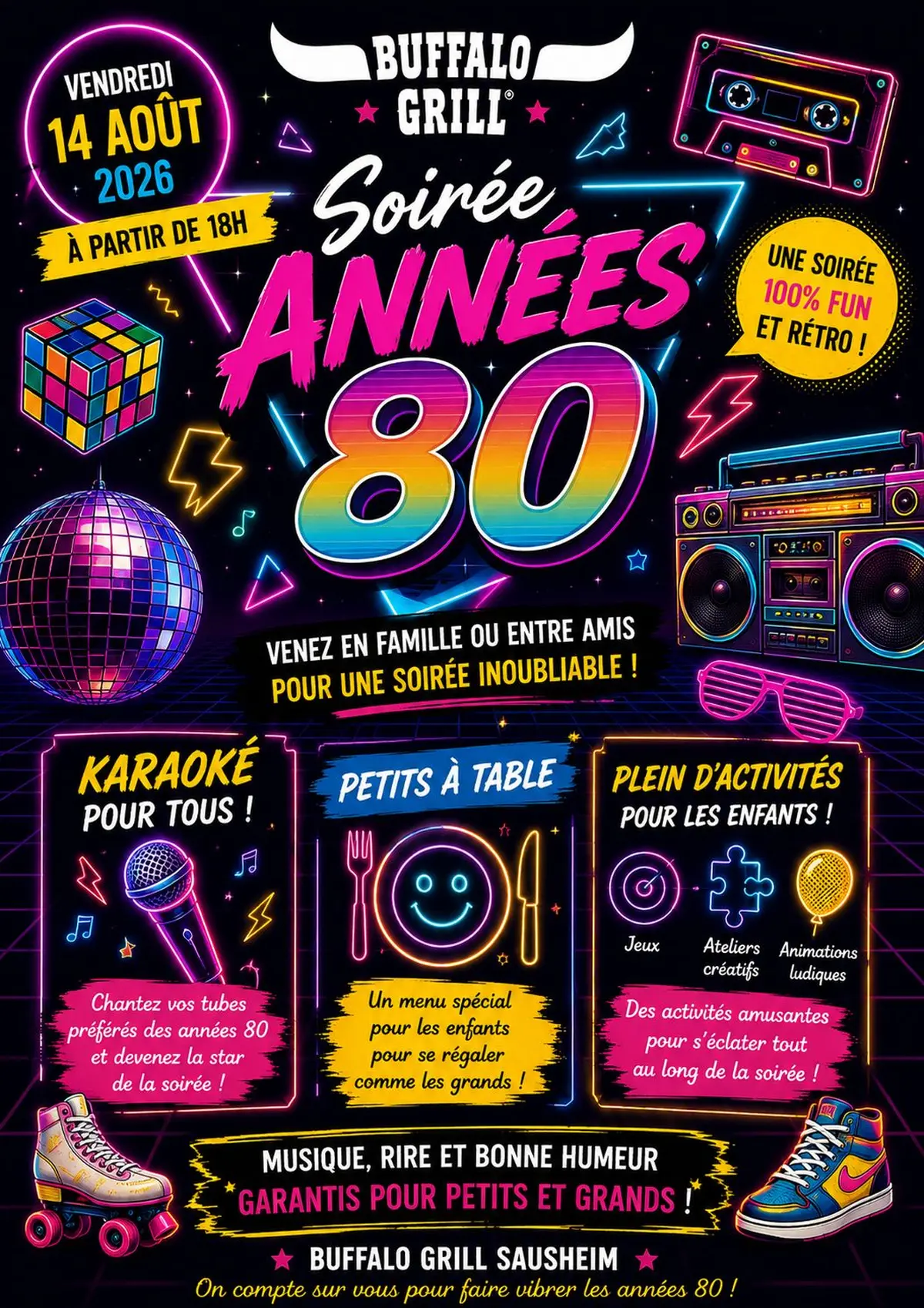 Soirée Années 80 au Buffalo Grill Sausheim–Karaoké, activités pour les enfants !