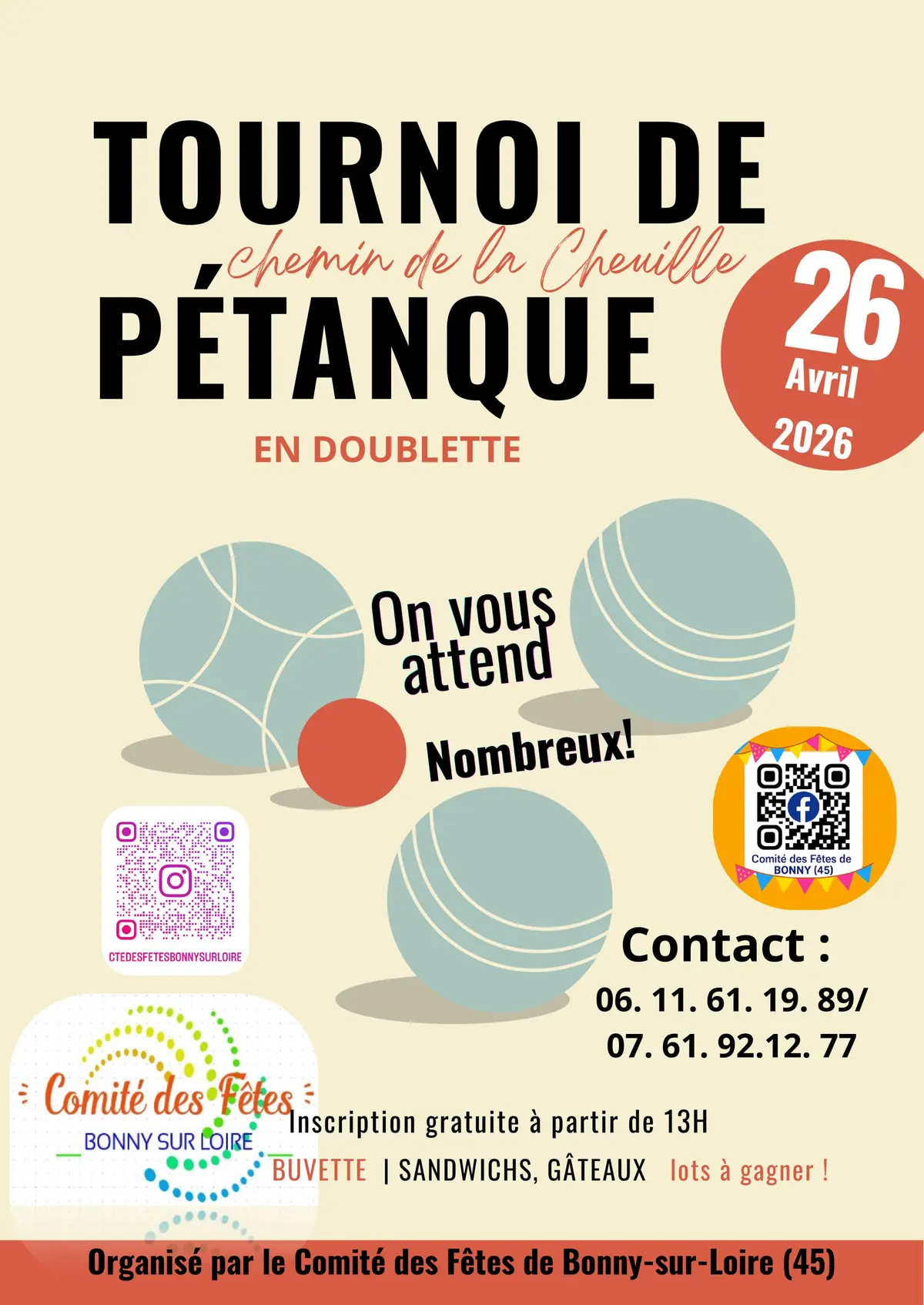 Tournoi de Pétanque amical et gratuit à Bonny sur Loire (45) le 26 avril 2026