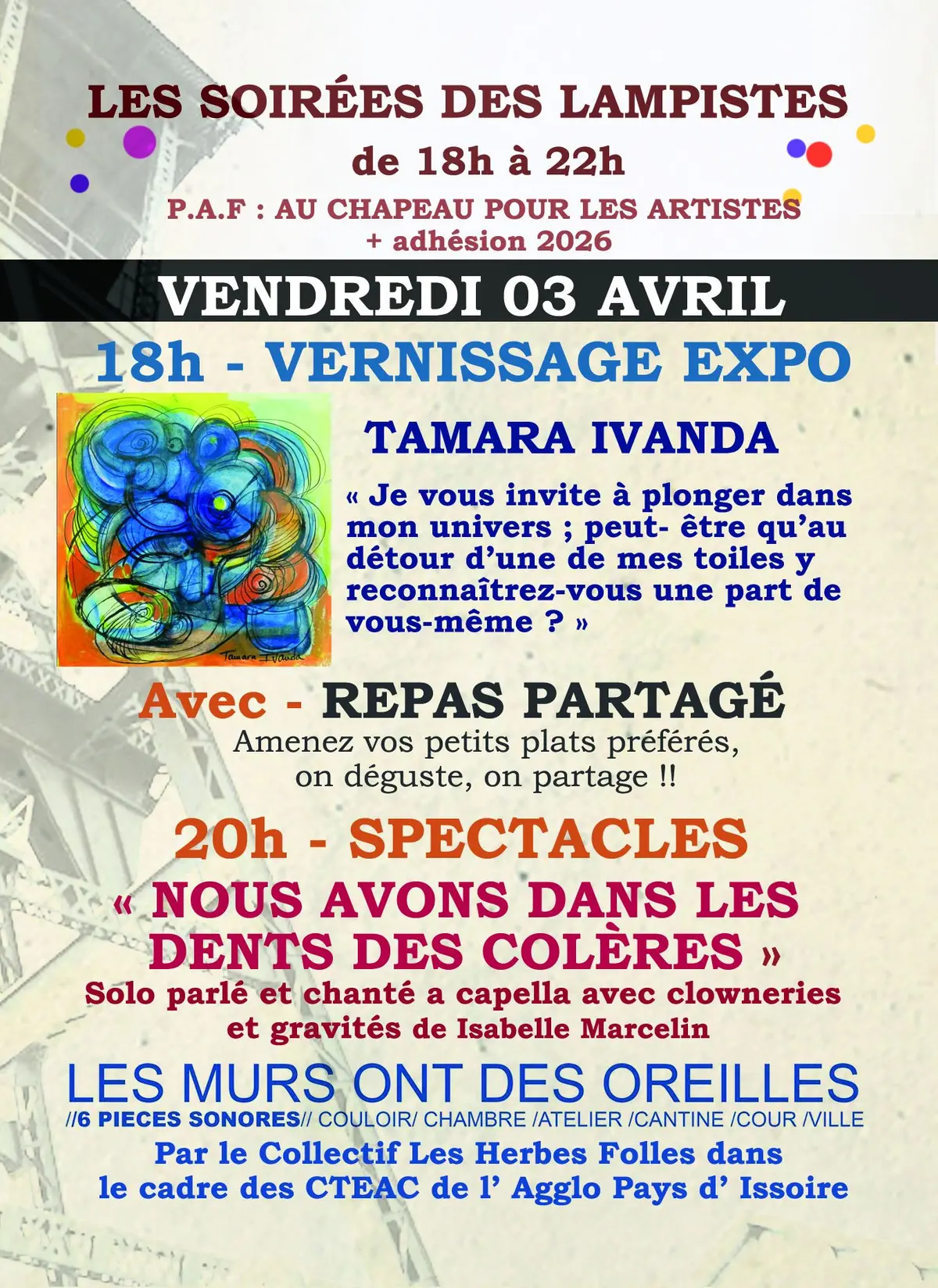 Repas partagé, Vernissage et spectacles