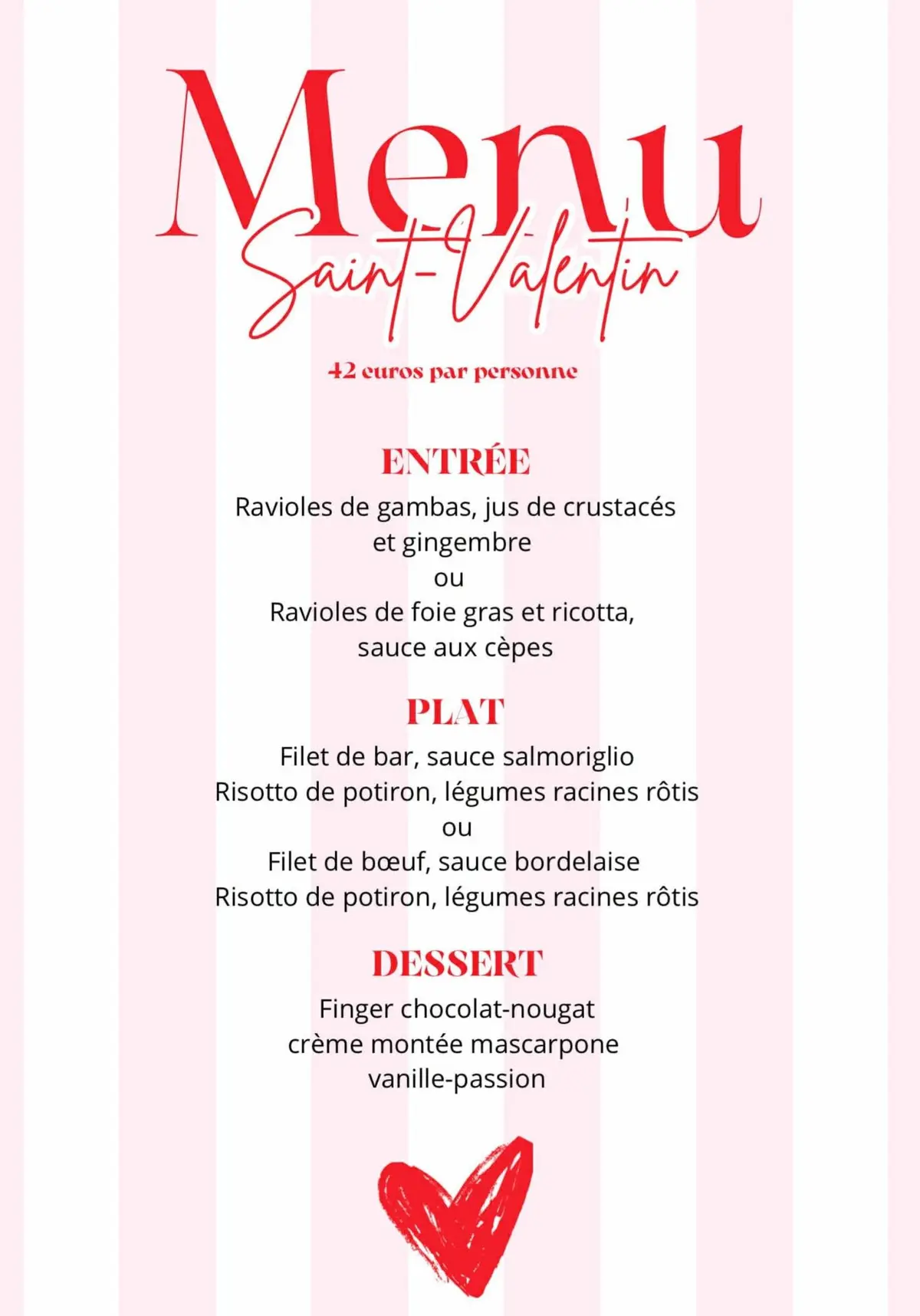 Menu spécial Saint Valentin 2026
