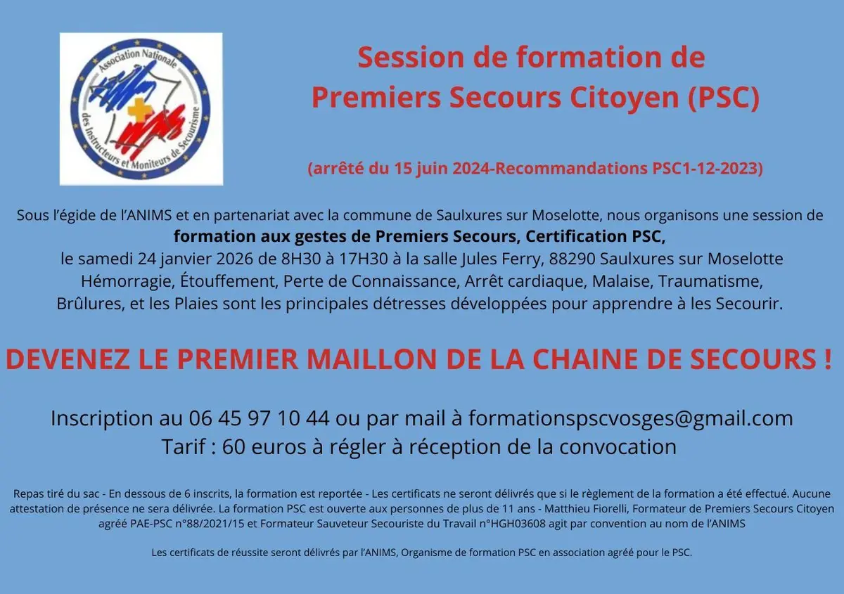 Formation Premiers Secours Citoyen (PSC)