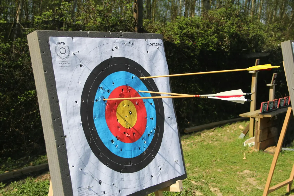 Deux flèches sont plantées dans les zones rouge et or d'une cible, avec de nombreux trous dus aux tirs précédents. La cible se trouve à l'extérieur.