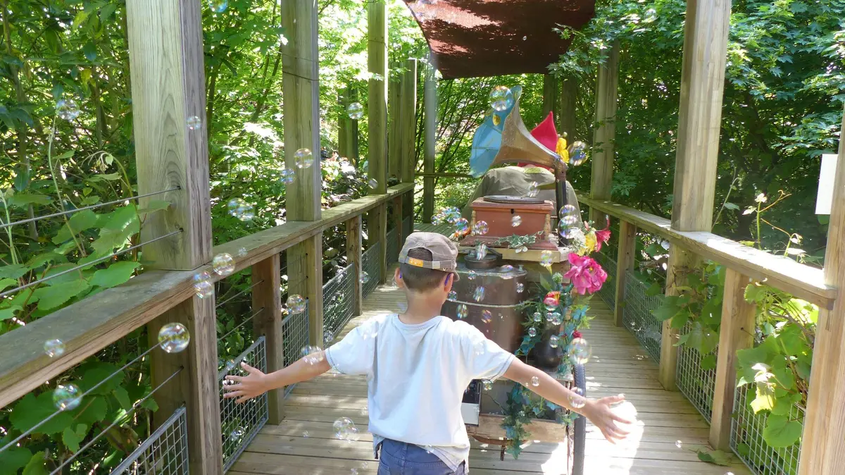 Un enfant aux bras tendus savoure des bulles près d'un tourne-disque vintage sur un chemin en bois dans un cadre verdoyant et luxuriant.