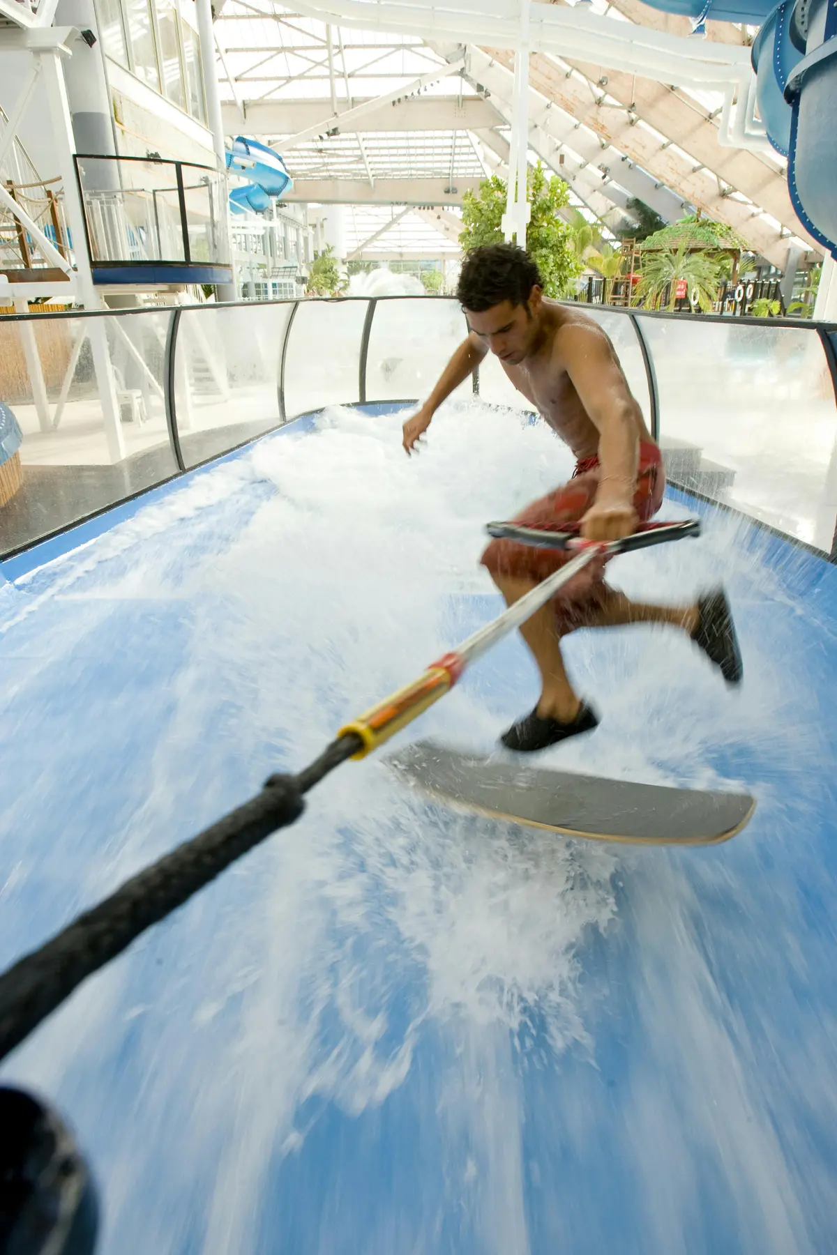 Homme surfant sur un simulateur de vagues d'intérieur en utilisant une corde pour l'équilibre, entouré de panneaux transparents et de plantes tropicales en arrière-plan.