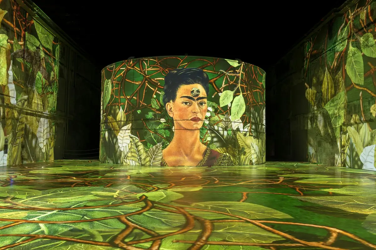 Une installation artistique immersive présentant le portrait d'une femme entourée de verdure luxuriante et de vignes, projeté sur un mur incurvé.