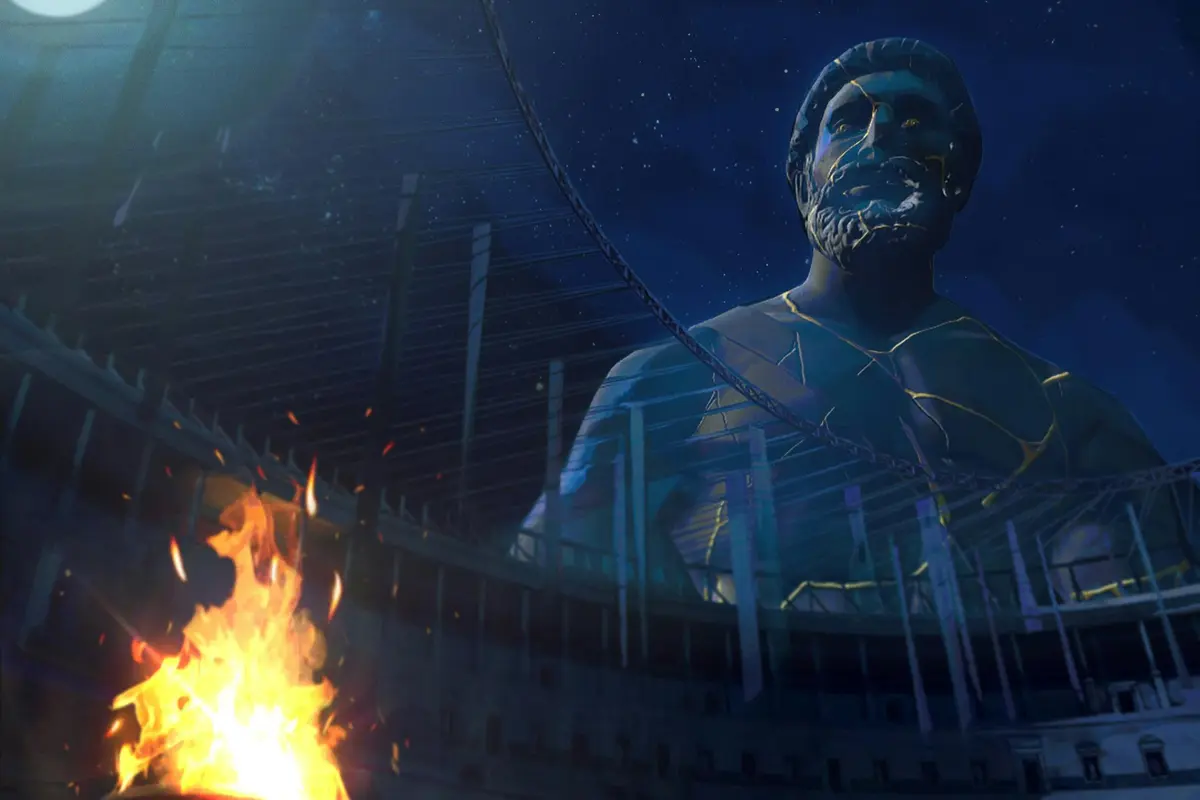Une grande statue d'homme est superposée à un stade de nuit avec un feu brûlant au premier plan.