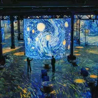 Une installation d'art numérique mettant en scène « La Nuit étoilée » de Van Gogh, où les visiteurs peuvent admirer des projections sur les murs et au sol. &copy; Culturespaces___Cyrille_de_la_Motte_Rouge