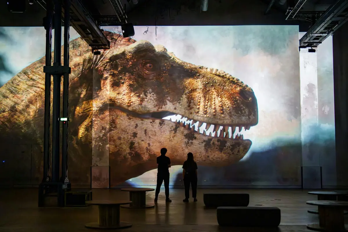 Deux personnes se trouvent dans une pièce sombre et observent une grande projection numérique d'une tête de dinosaure sur un écran.