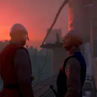 Deux soldats en armure se tiennent face à face sur le mur d'un château au coucher du soleil, avec la silhouette d'un personnage éloigné sur une autre tour. &copy; Carcassonne