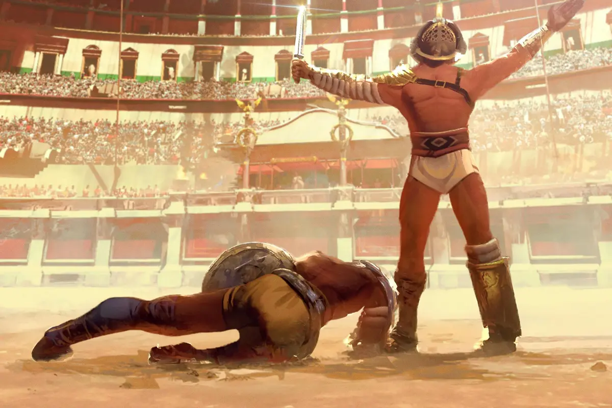 Dans une arène antique, un gladiateur victorieux brandit son épée tandis qu'un autre gît, vaincu, sur le sol.