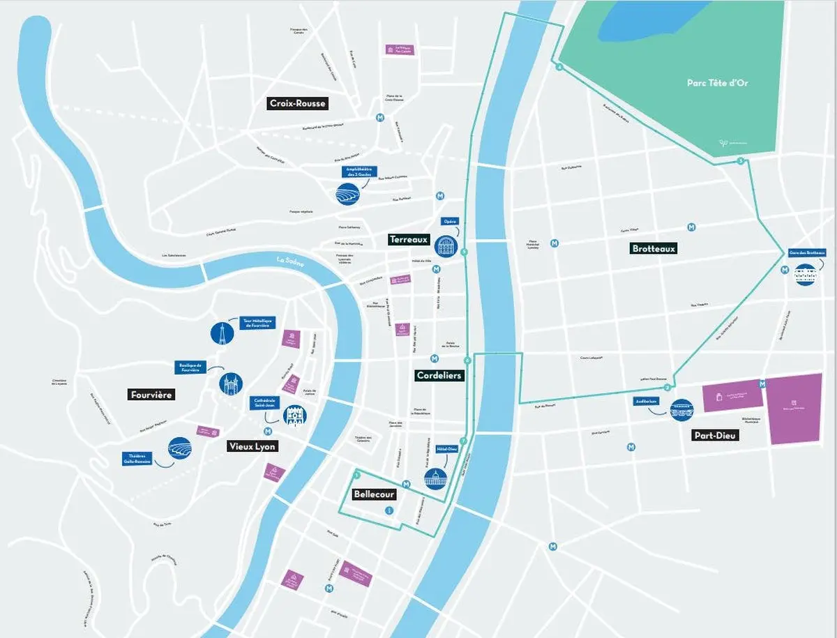 Carte stylisée montrant les quartiers, les points de repère et les caractéristiques de Lyon, France. Elle met en évidence des quartiers comme Croix-Rousse et Bellecour.