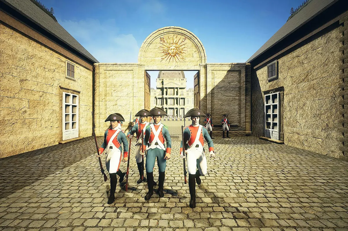 Un groupe de soldats en uniformes historiques marchant dans une cour pavée avec une arche et un bâtiment à l'arrière-plan.
