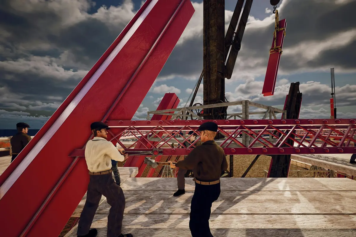 Ouvriers assemblant une structure en acier rouge sur un chantier de construction sous un ciel nuageux.