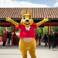Une personne vêtue d'un costume de kangourou et d'une chemise rouge se tient à l'extérieur, les bras grands ouverts, devant un bâtiment au toit de tuiles. &copy; Walibi Rhone Alpes