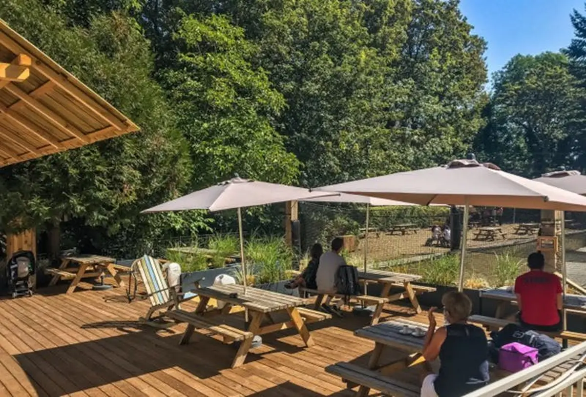 Espace extérieur avec des tables de pique-nique en bois, des parasols et des personnes assises. La verdure et les arbres environnants sont à l'arrière-plan.