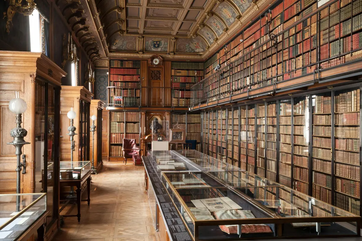 Une grande bibliothèque avec de hautes étagères, des vitrines, des meubles en bois et des détails ornementaux au plafond.