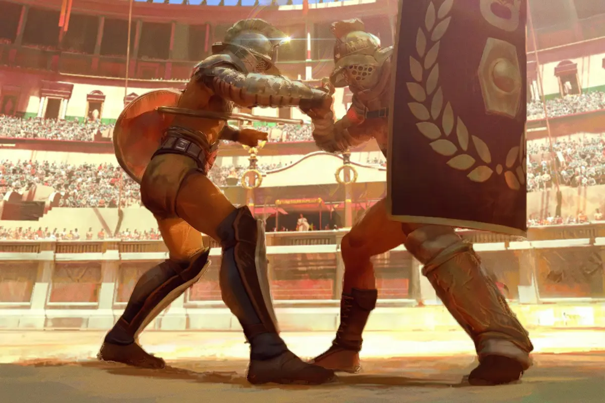 Deux gladiateurs en armure s'affrontent dans une arène antique, entourés d'une foule en liesse.
