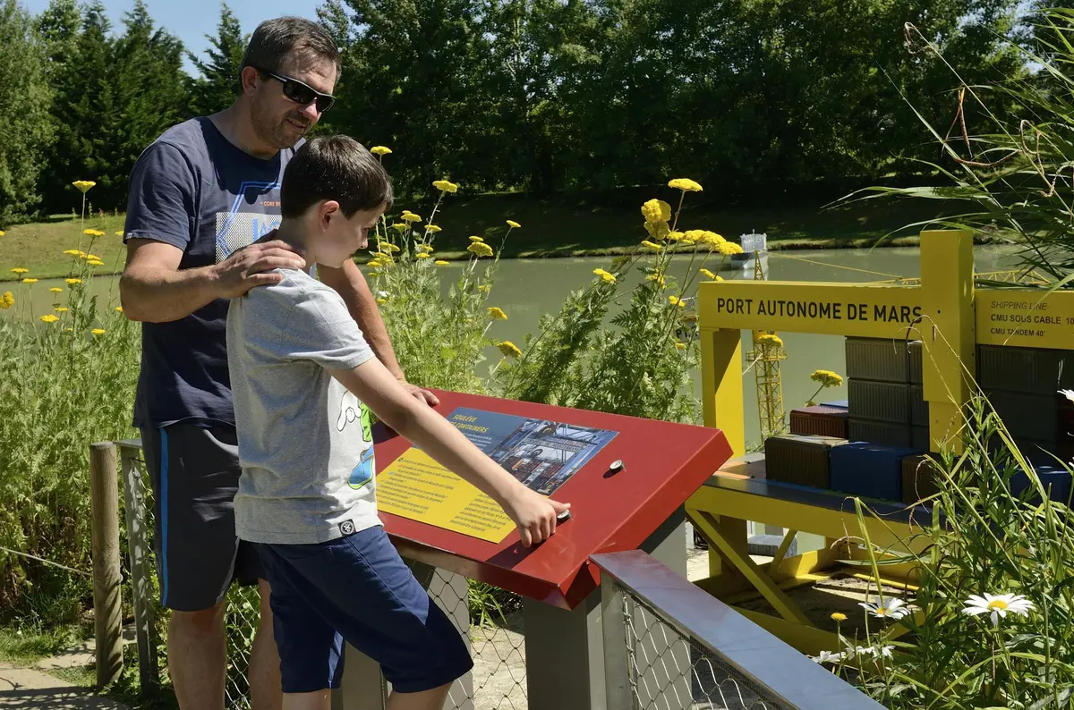 Un adulte et un enfant lisent un panneau d'information en plein air, entourés de fleurs jaunes et de verdure.