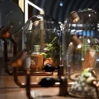 Un présentoir décoratif avec des dômes en verre entourant une petite plante, une bouteille et d'autres objets sur une surface réfléchissante. DR