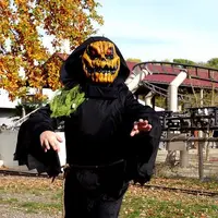 Personne portant un costume noir à capuche et un masque de citrouille posant dans un parc avec des feuilles d'automne et une structure métallique en arrière-plan. DR