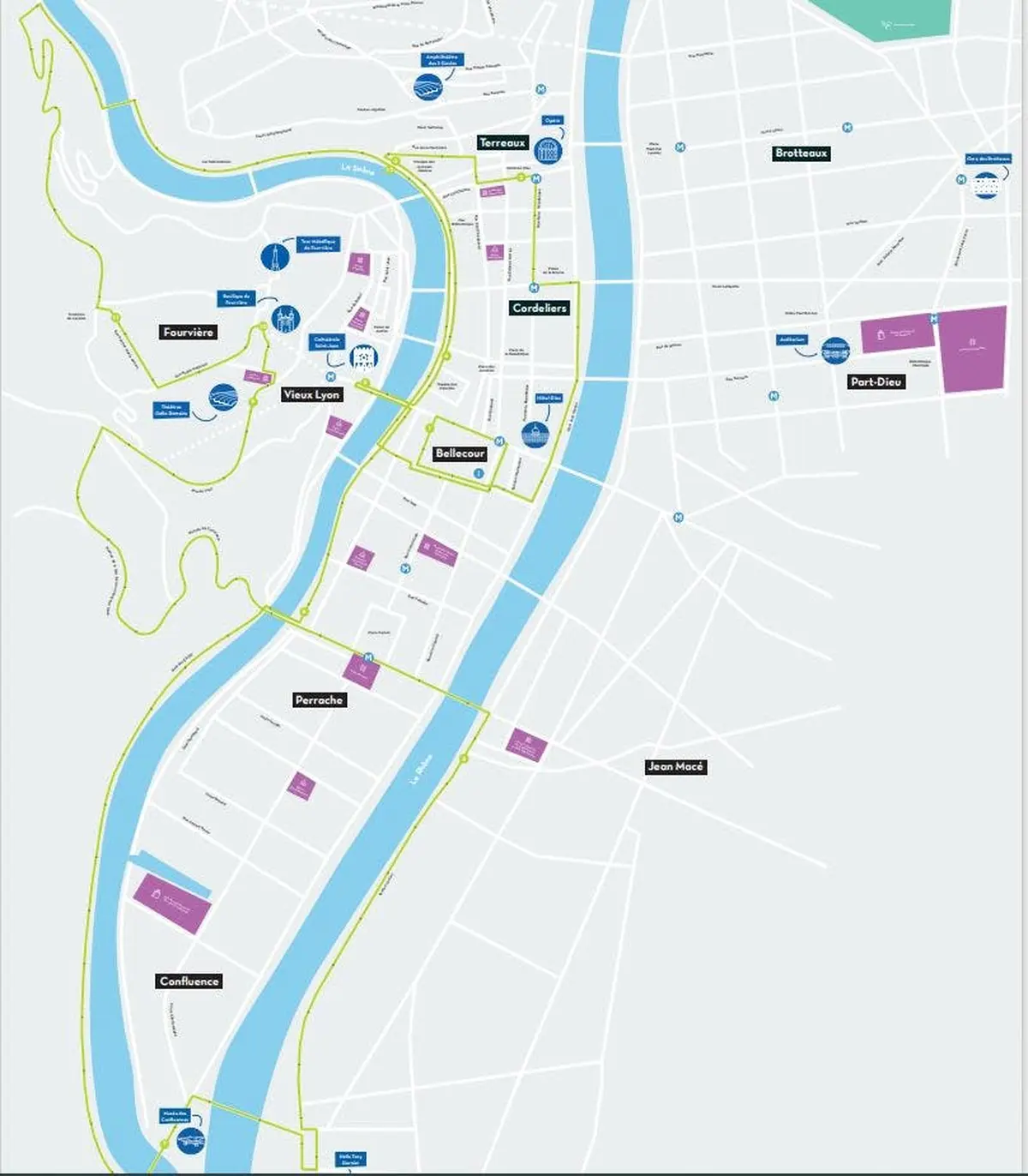 Carte représentant une ville traversée par un fleuve, mettant en évidence différents lieux et quartiers marqués.