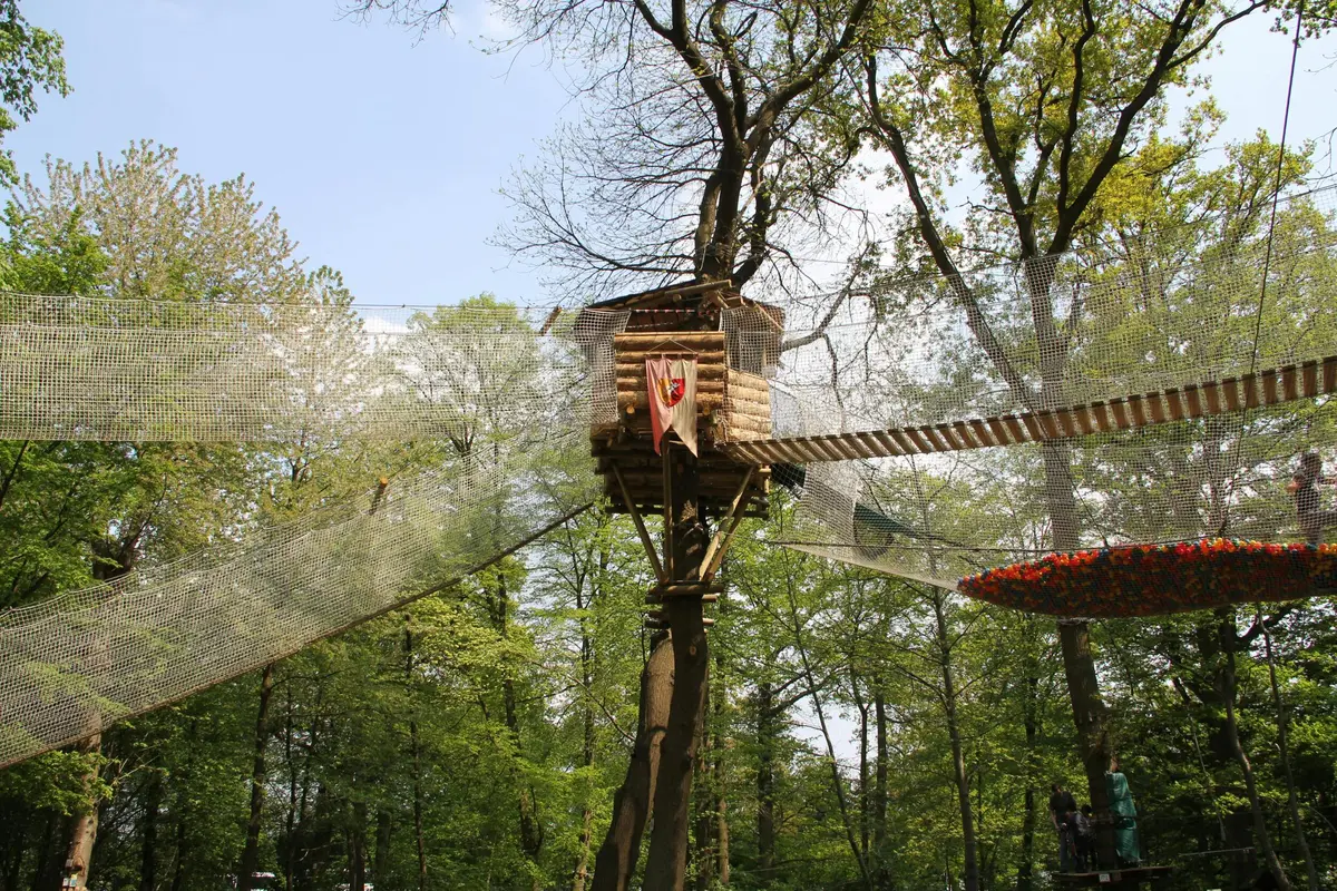 Une cabane en bois se trouve au sommet d'un arbre et des ponts de corde s'étendent jusqu'à d'autres arbres, entourés d'une végétation luxuriante sous un ciel dégagé.