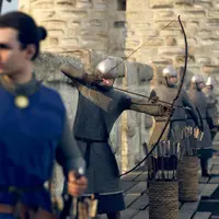 Personne en tunique bleue au premier plan, tandis que des archers en cotte de mailles et casqués tirent de l'arc sur un mur de pierre. &copy; Carcassonne