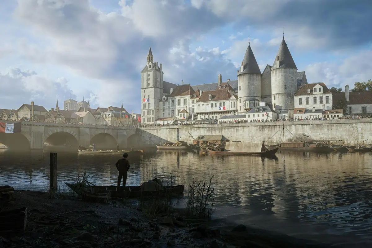 Une scène médiévale au bord d'une rivière, avec un château, des bateaux sur l'eau et un personnage debout sur la berge sous un ciel nuageux.