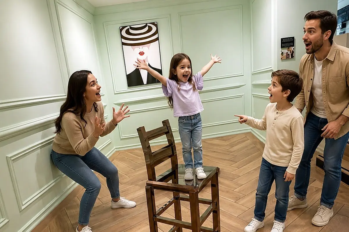 Une famille de quatre personnes se trouve dans une pièce remplie d'illusions d'optique. Une fillette est debout sur une chaise, tandis que les autres réagissent avec surprise.