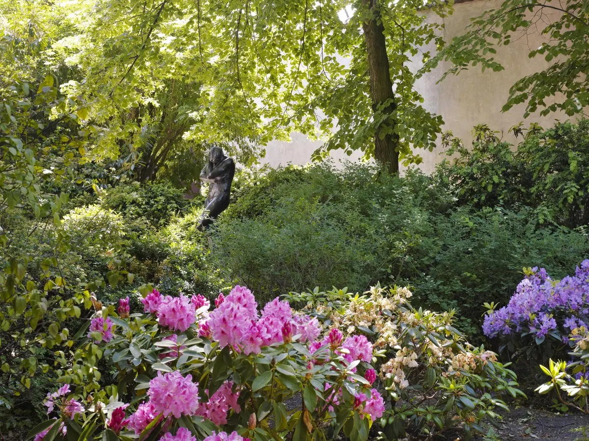 Jardin luxuriant avec des fleurs roses et jaunes éclatantes, un feuillage vert dense et une statue sombre partiellement cachée parmi les arbres.