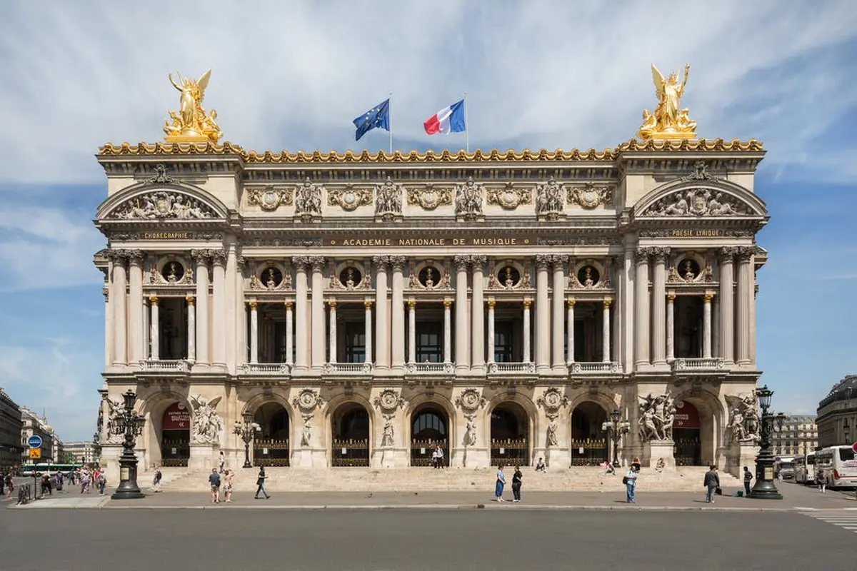 La façade de l'opéra du Palais Garnier avec des détails architecturaux ornés, deux drapeaux et quelques personnes marchant à l'extérieur.